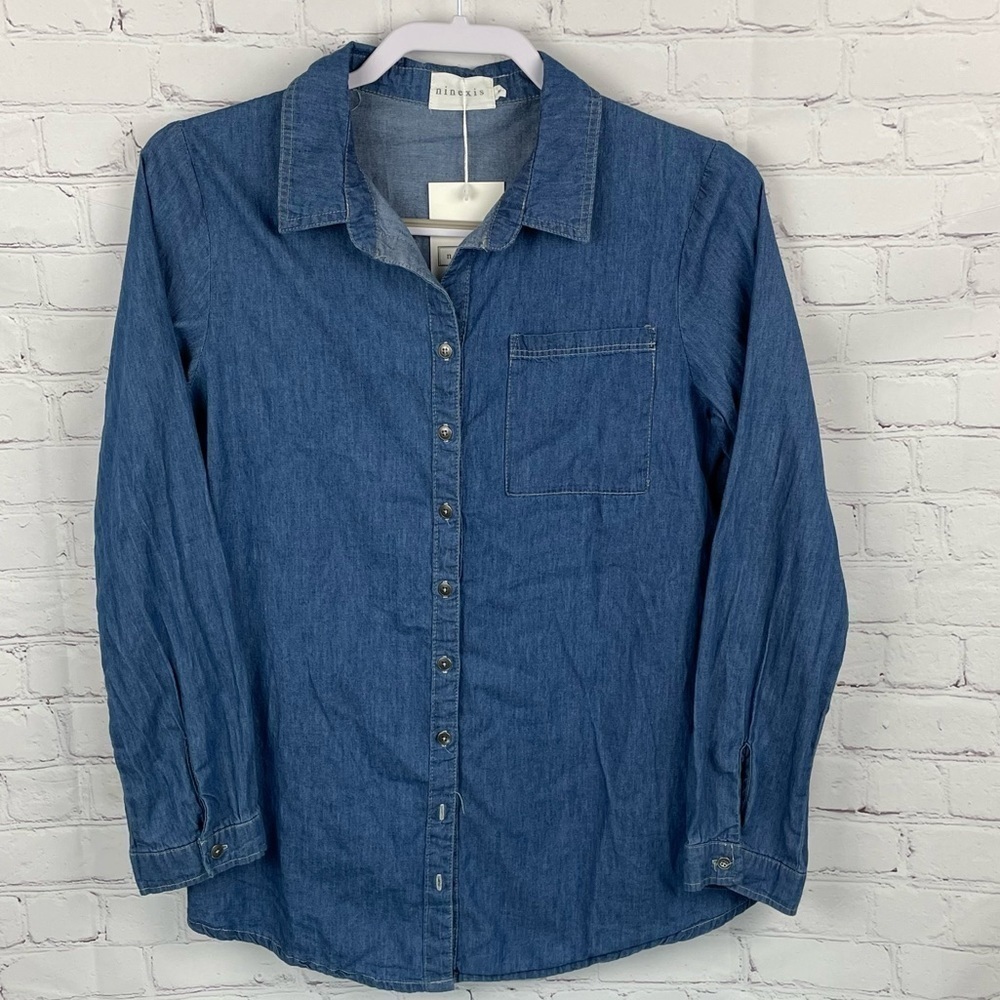 Ninexis Women’s Long Sleeve Button Up Chambray Shirt Cotton Medium NWT
